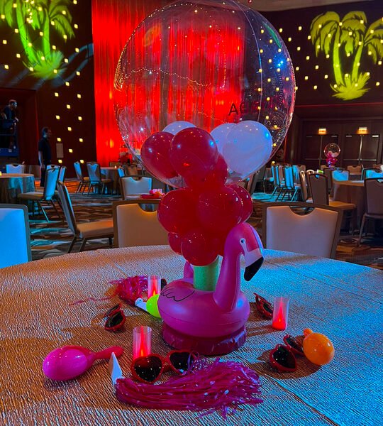 Pool theme party (Beach Balls and flamingos centerpieces Bubbles Walloon's 5